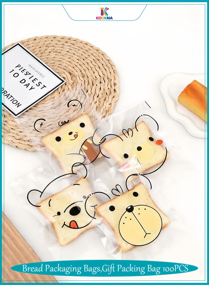 كوكنا أكياس تغليف، ذاتية اللصق برسومات دب لطيف، أكياس طعام شفافة لعيد مبارك ووجبات المدرسة، لتغليف الحلويات والبسكويت والهدايا، 100 قطعة، متوفر بمقاسين (10×13 سم / 18×21 سم) - Image 1